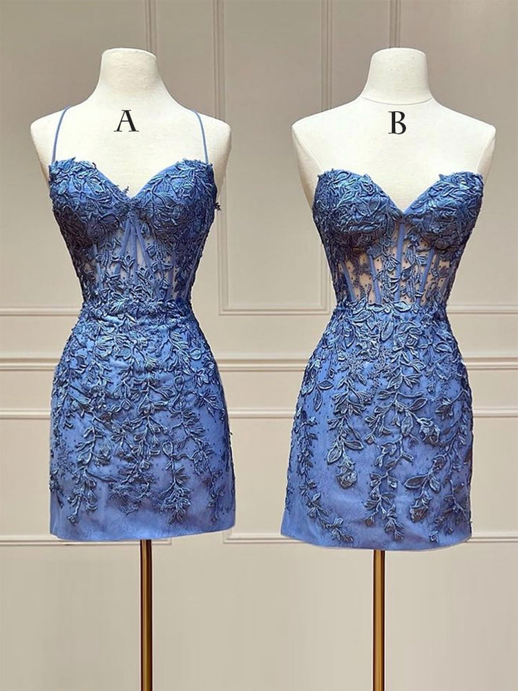Blue Lace Short Prom Dress, Blue Homecoming DressBlue Lace Short Prom Dress, Blue Homecoming Dress