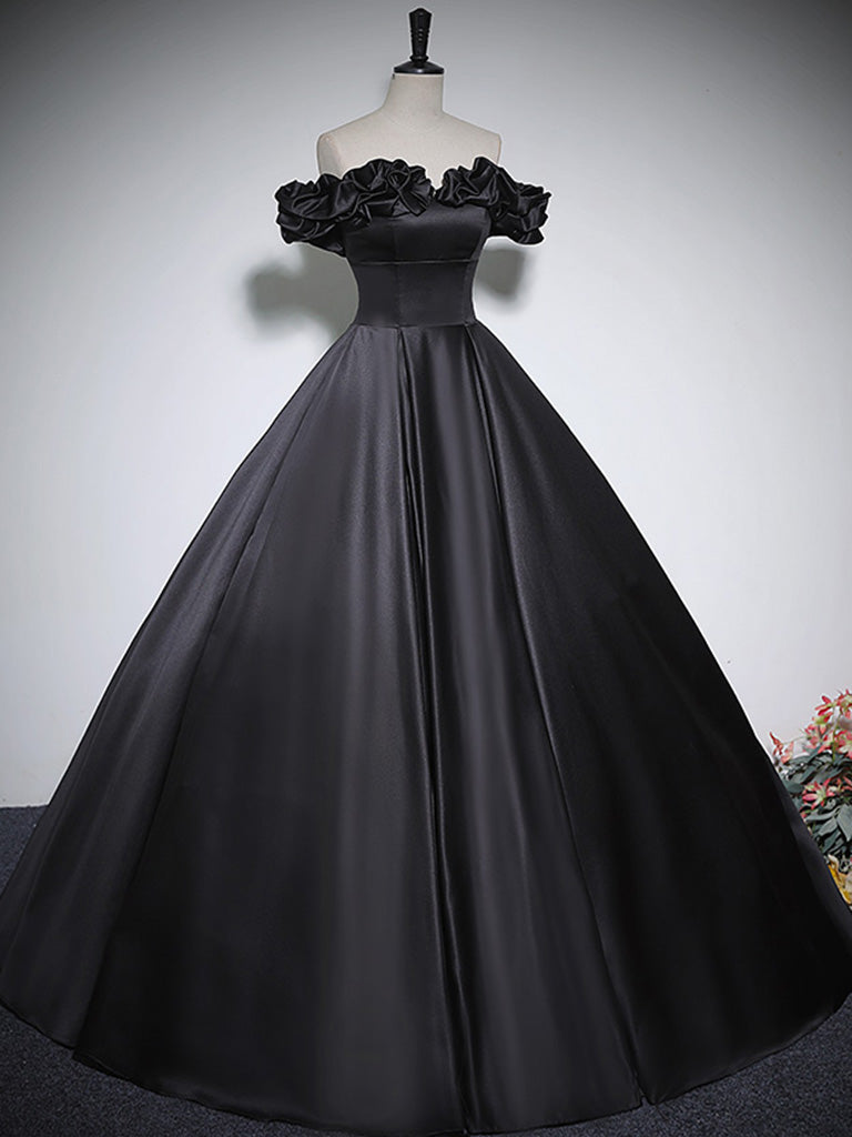 Black Off Shoulder Satin Long Prom Dress, Black Satin Evening Dress shdress Black Off Shoulder Satin Long Prom Dress, Black Satin Evening Dress shdress