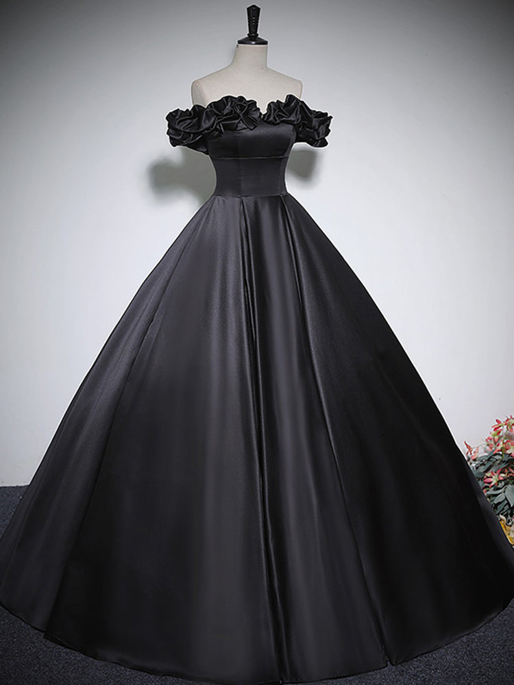 Black Off Shoulder Satin Long Prom Dress, Black Satin Evening Dress