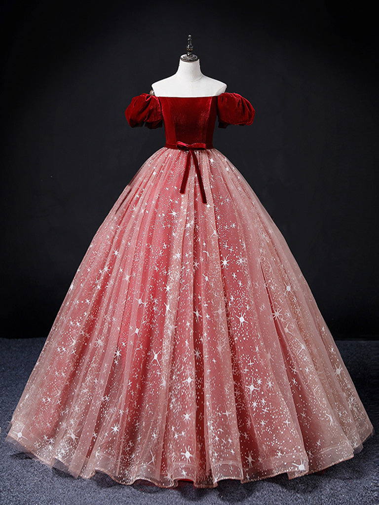 Burgundy/Pink Tulle Velvet Long Prom Dress, Burgundy Formal Dress – shdress