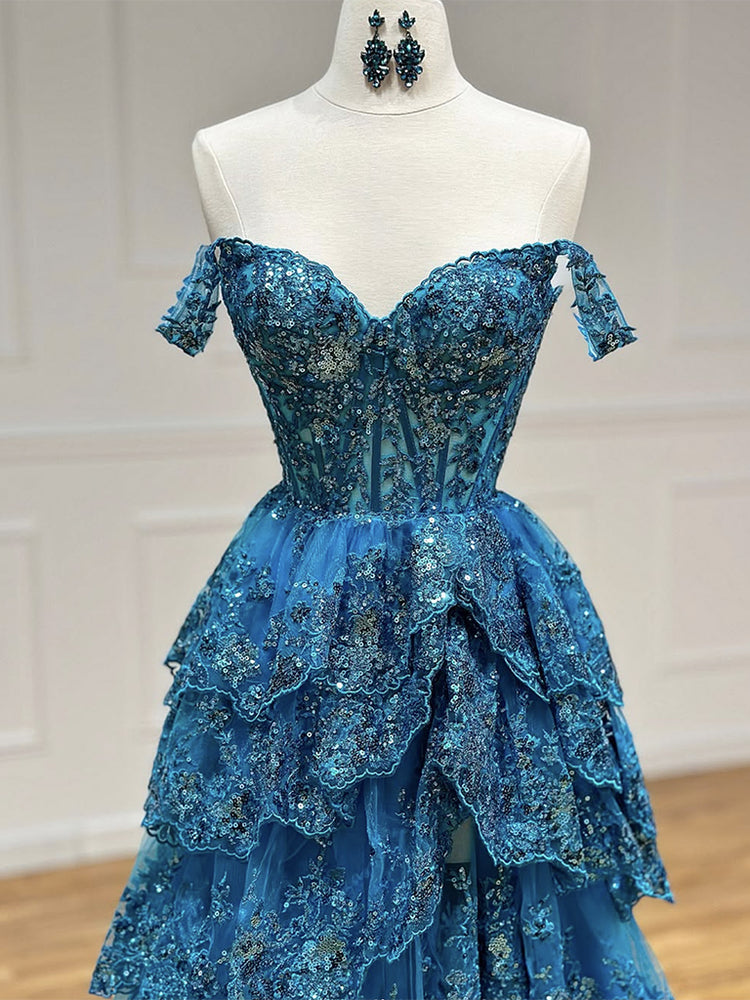 A-Line Sweetheart Neck Tulle Sequin Blue Long Prom Dress, Blue Formal shdress A-Line Sweetheart Neck Tulle Sequin Blue Long Prom Dress, Blue Formal shdress