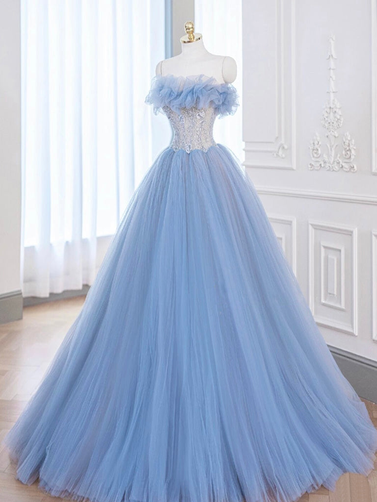 A-Line Tulle Lace Blue Long Prom Dress, Blue Lace Long Formal Dress shdress A-Line Tulle Lace Blue Long Prom Dress, Blue Lace Long Formal Dress shdress