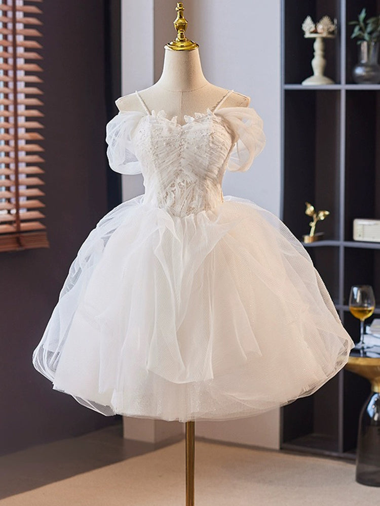 A-Line Off Shoulder Tulle Lace Short prom Dress, White Homecoming Dress