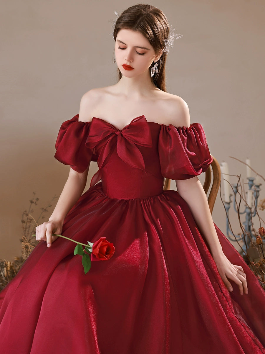 A-Line Puff Sleeves Burgundy Long Prom Dress, Burgundy Long Formal Dre shdress A-Line Puff Sleeves Burgundy Long Prom Dress, Burgundy Long Formal Dre shdress