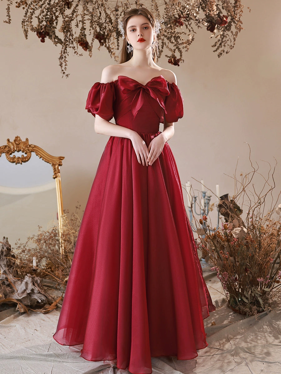 A-Line Puff Sleeves Burgundy Long Prom Dress, Burgundy Long Formal Dress