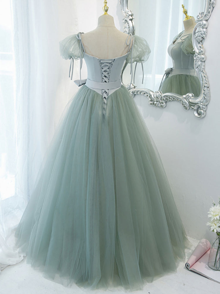 Gray Green A-Line Tulle Long Prom Dress, Gray Green Formal Dress