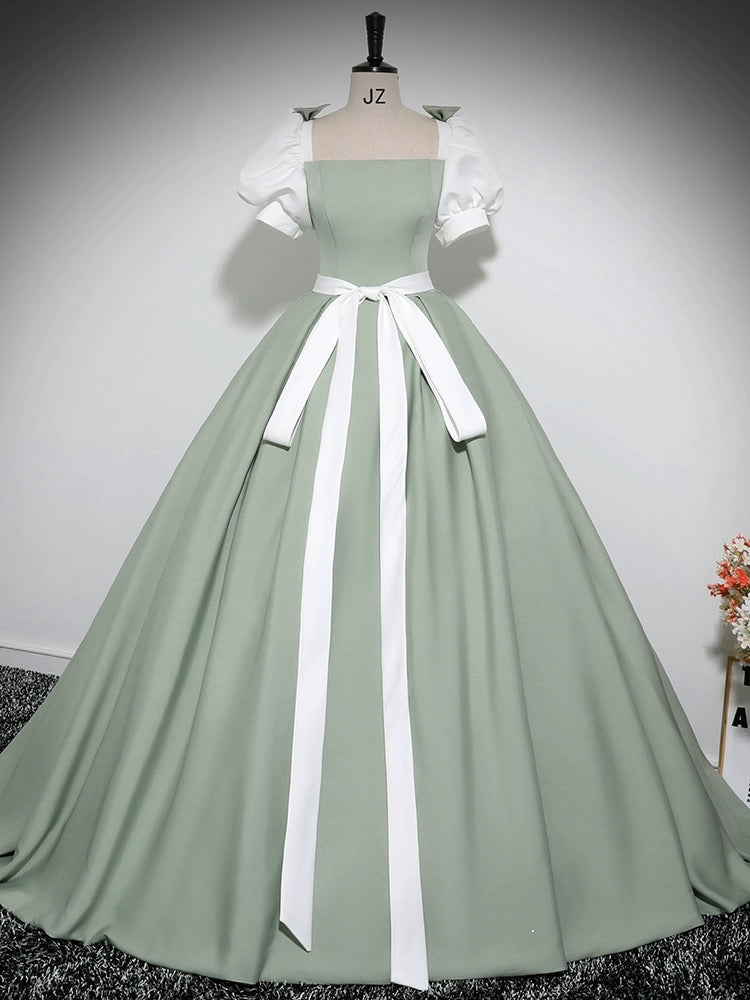 A-Line Puff Sleeves Satin Green Long Prom Dress, Green Long Formal Dress