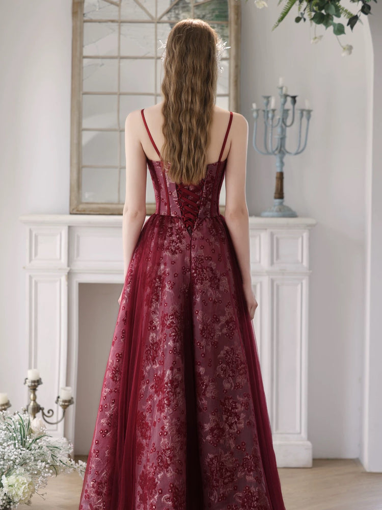 A-Line Tulle Lace Burgundy Long Prom Dress, Burgundy Long Formal Dress shdress A-Line Tulle Lace Burgundy Long Prom Dress, Burgundy Long Formal Dress shdress