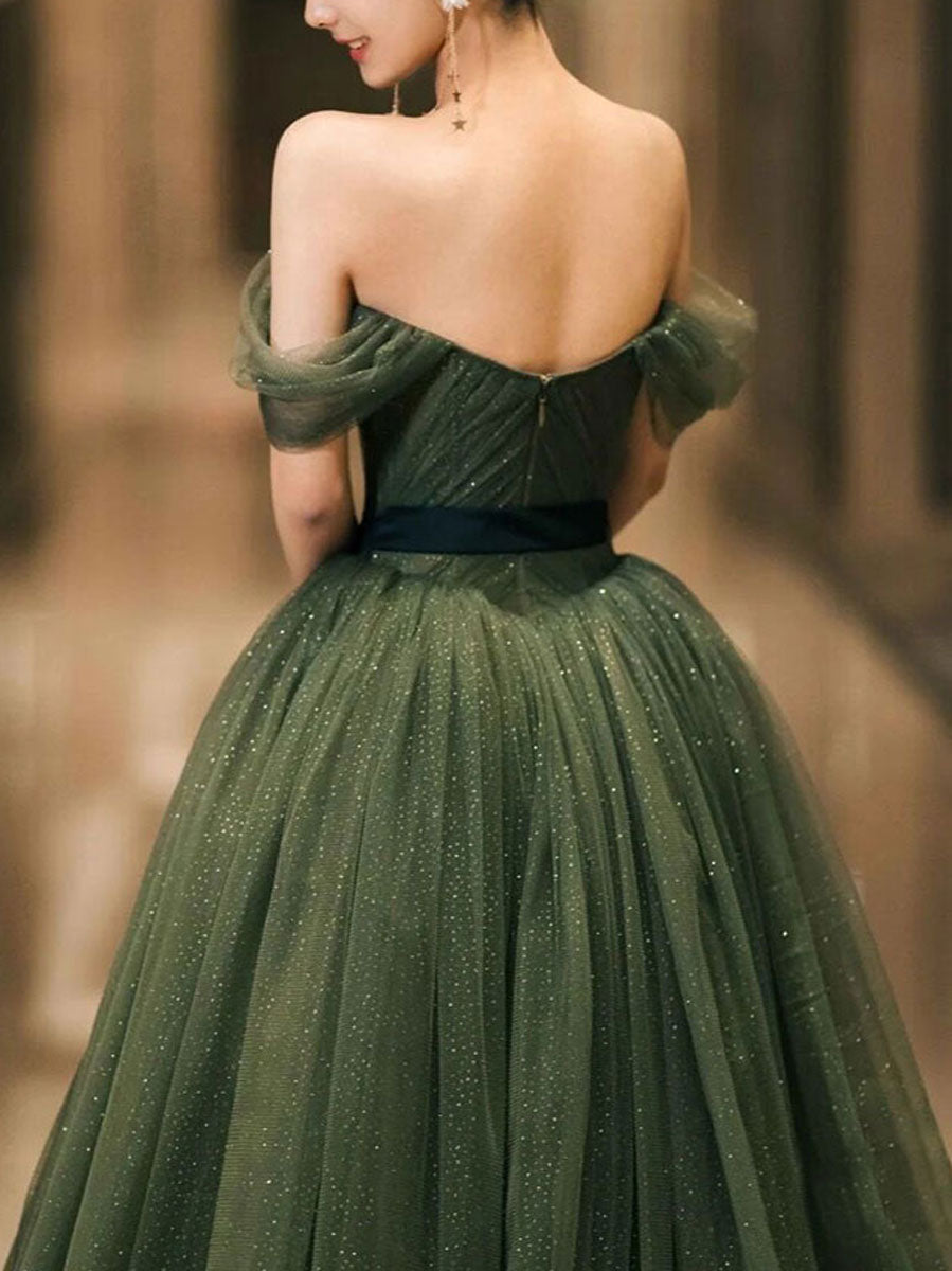 
                  
                    A-Line Off Shoulder Tulle Green Long Prom Dress, Green Long Formal Dress
                  
                