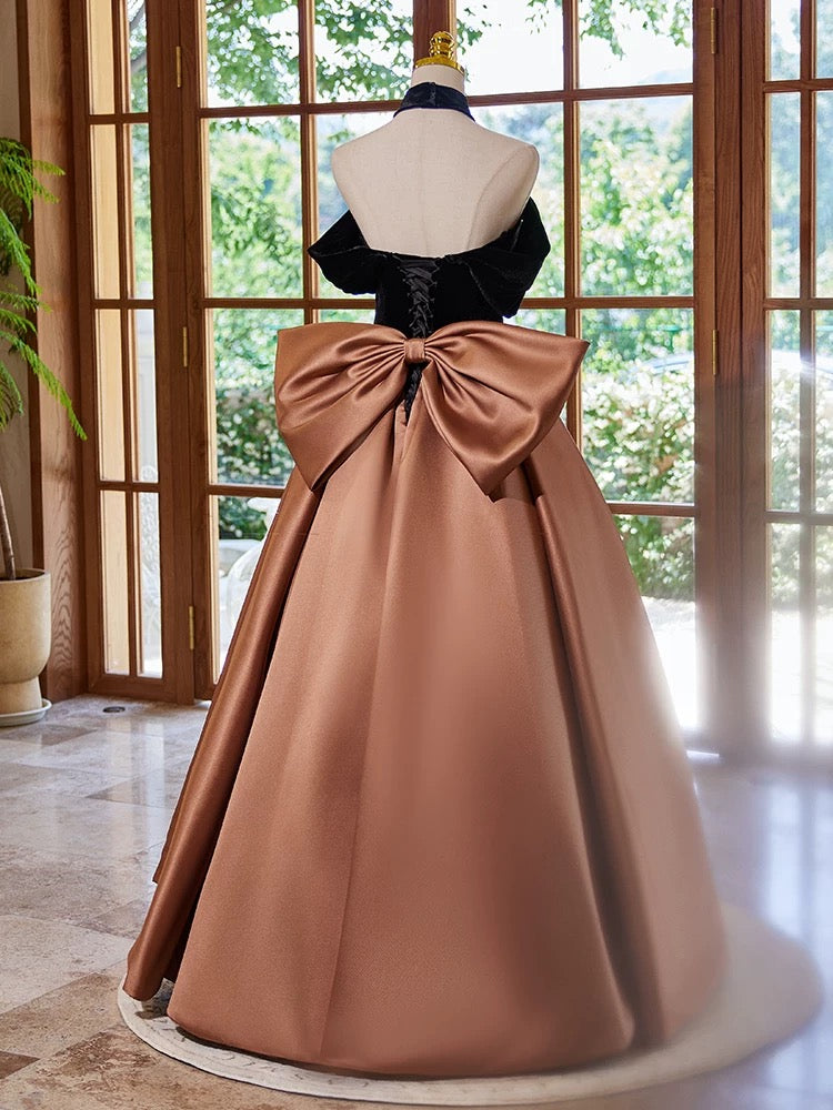 A-Line Satin Velvet Brown Long Prom Dress, Brown Long Formal Dress shdress A-Line Satin Velvet Brown Long Prom Dress, Brown Long Formal Dress shdress
