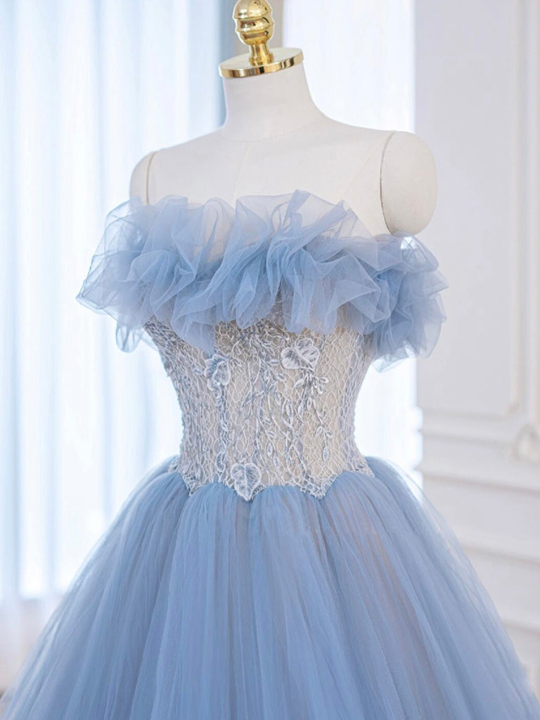 A-Line Tulle Lace Blue Long Prom Dress, Blue Lace Long Formal Dress shdress A-Line Tulle Lace Blue Long Prom Dress, Blue Lace Long Formal Dress shdress