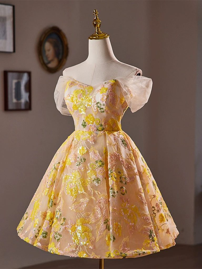 A-Line Off Shoulder Lace Yellow Short Prom Dress, Yellow Homecoming Dr shdress A-Line Off Shoulder Lace Yellow Short Prom Dress, Yellow Homecoming Dr shdress