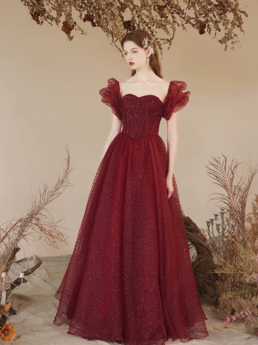 
                  
                    A-Line Sweetheart Neck Tulle Sequin Burgundy Long Prom Dress with Beads
                  
                