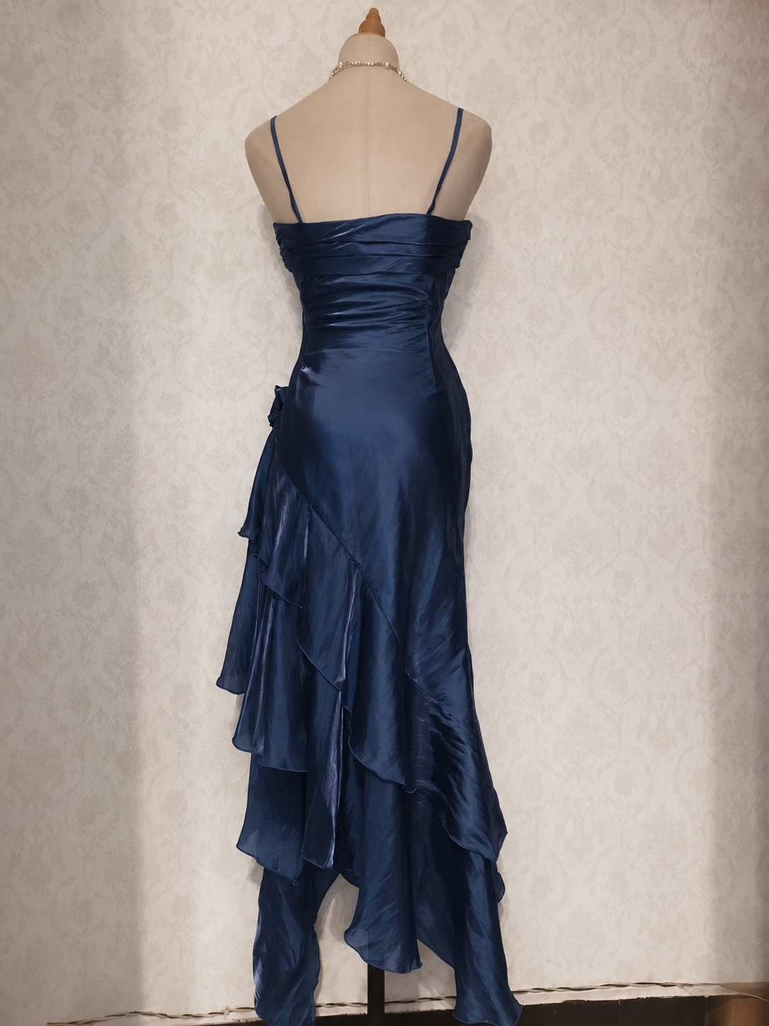 
                  
                    Simple A-line Silk Tea Length Silk Dark Blue Prom Dress
                  
                