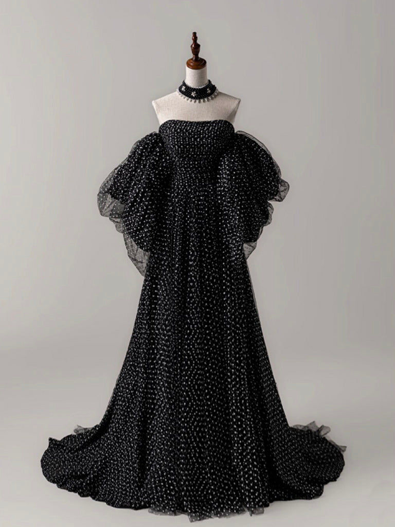 A-Line Black Tulle Long Prom Dress, Black Long Formal Dress