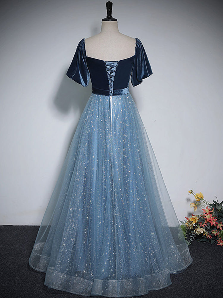 A-Line Blue Tulle Velvet Long Prom Dress, Blue Formal Dress shdress A-Line Blue Tulle Velvet Long Prom Dress, Blue Formal Dress shdress