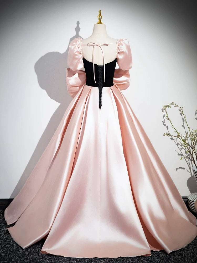 A-Line Puff Sleeves Pink Long Prom Dress, Pink Long Evening Dress shdress A-Line Puff Sleeves Pink Long Prom Dress, Pink Long Evening Dress shdress