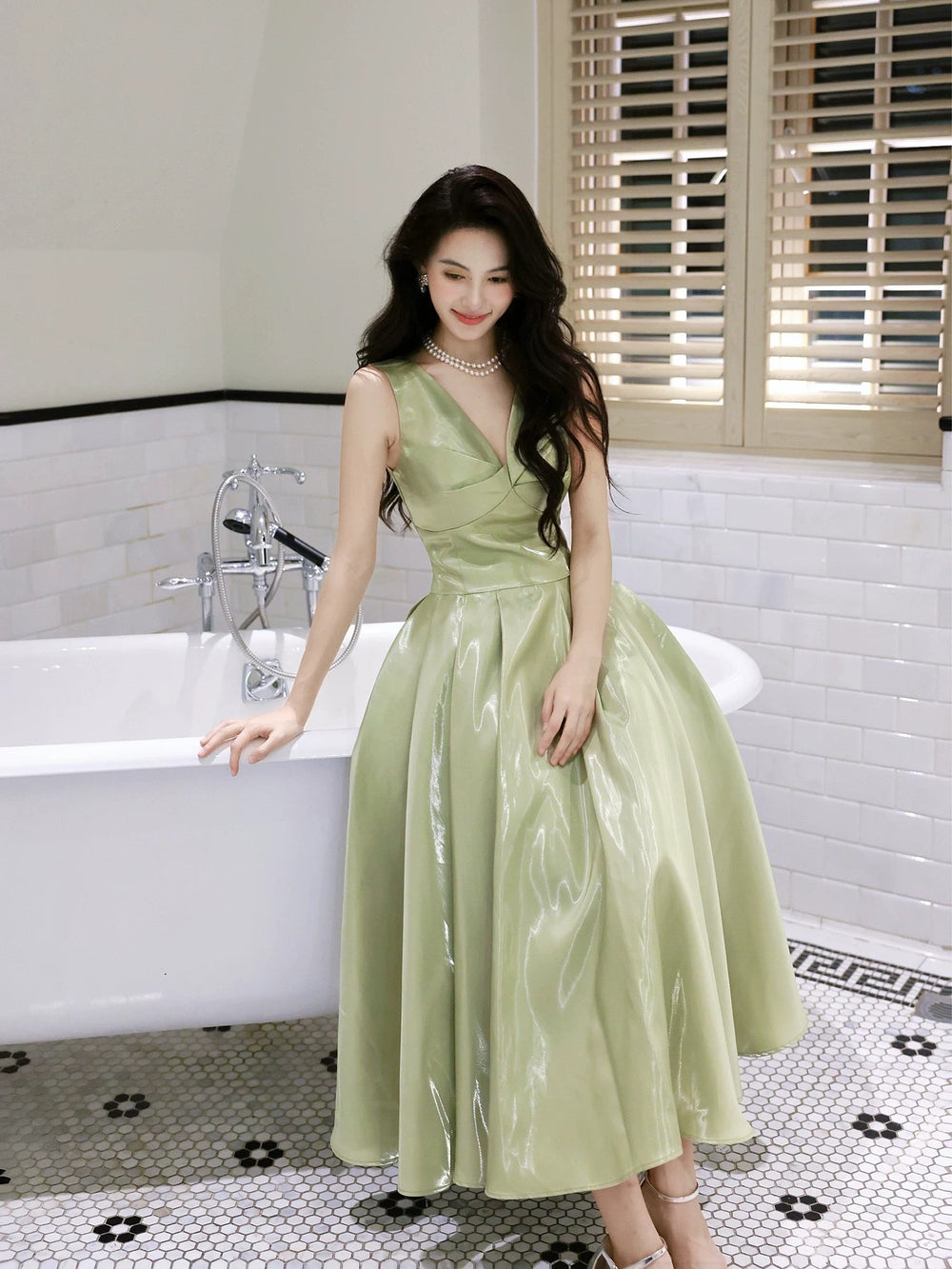 A-Line V Neck Green Tea Length Prom Dress