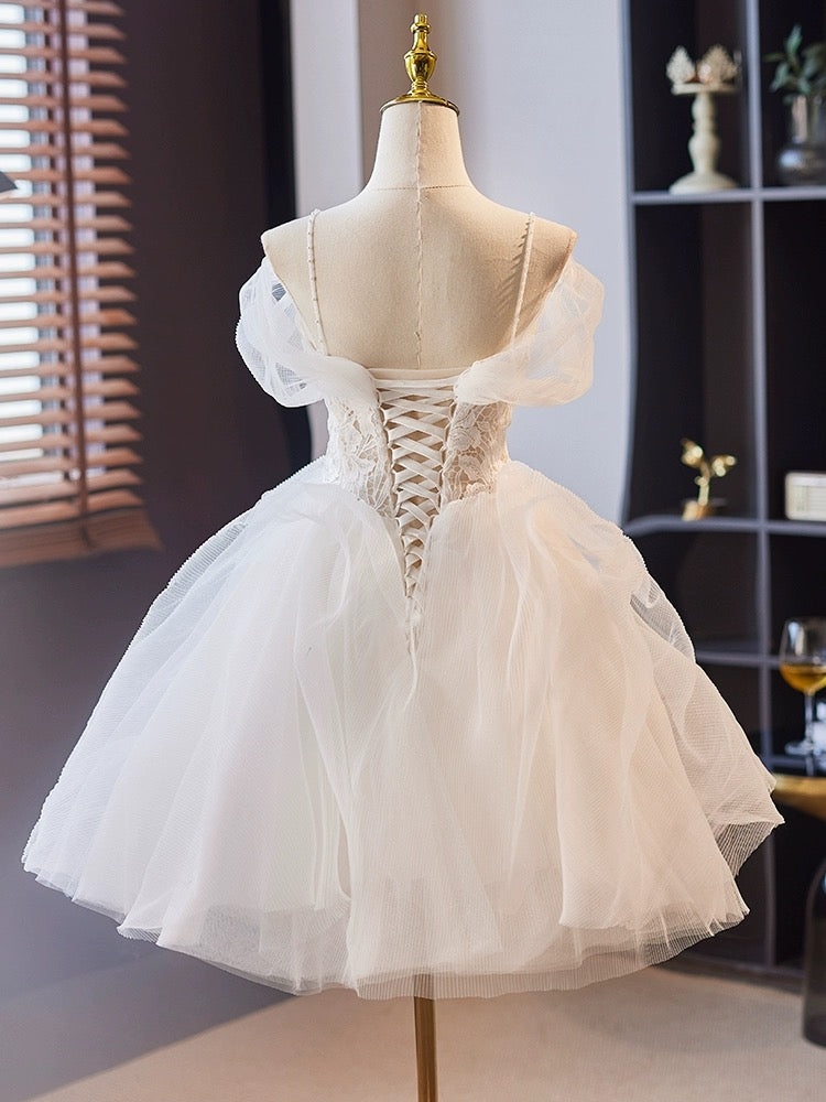 
                  
                    A-Line Off Shoulder Tulle Lace Short prom Dress, White Homecoming Dress
                  
                