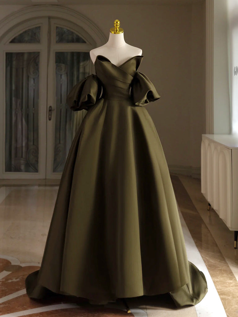 A-Line Puff Sleeves Olive Green Satin Long Prom Dress, Olive Green Lon shdress A-Line Puff Sleeves Olive Green Satin Long Prom Dress, Olive Green Lon shdress