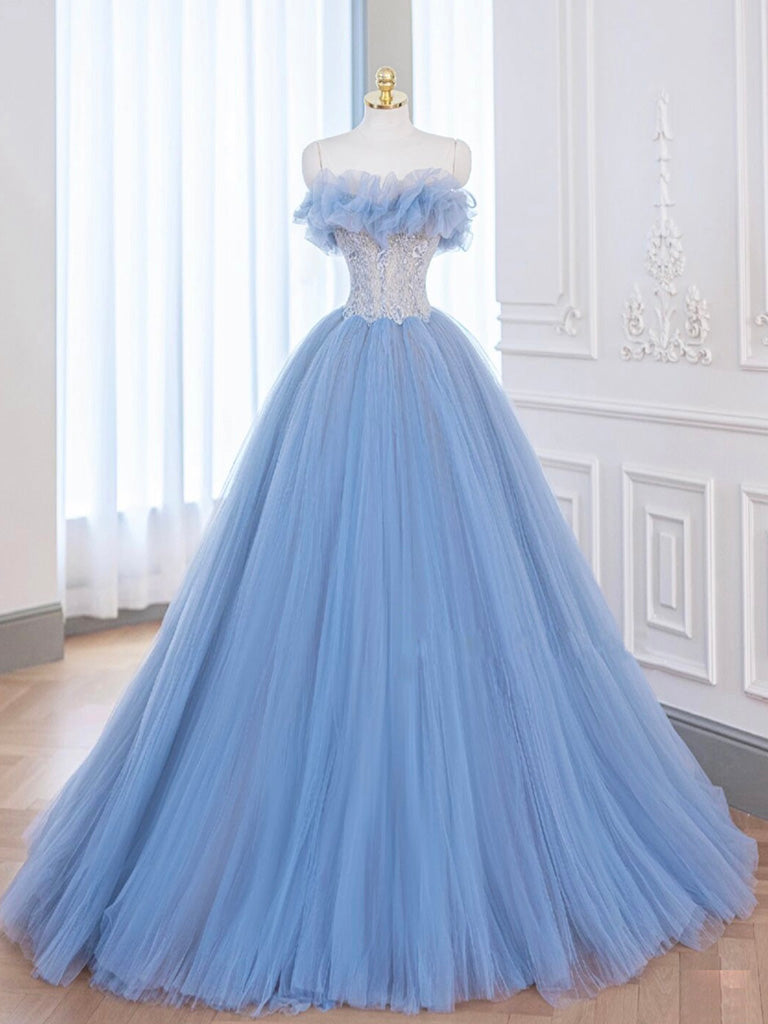 A-Line Tulle Lace Blue Long Prom Dress, Blue Lace Long Formal Dress