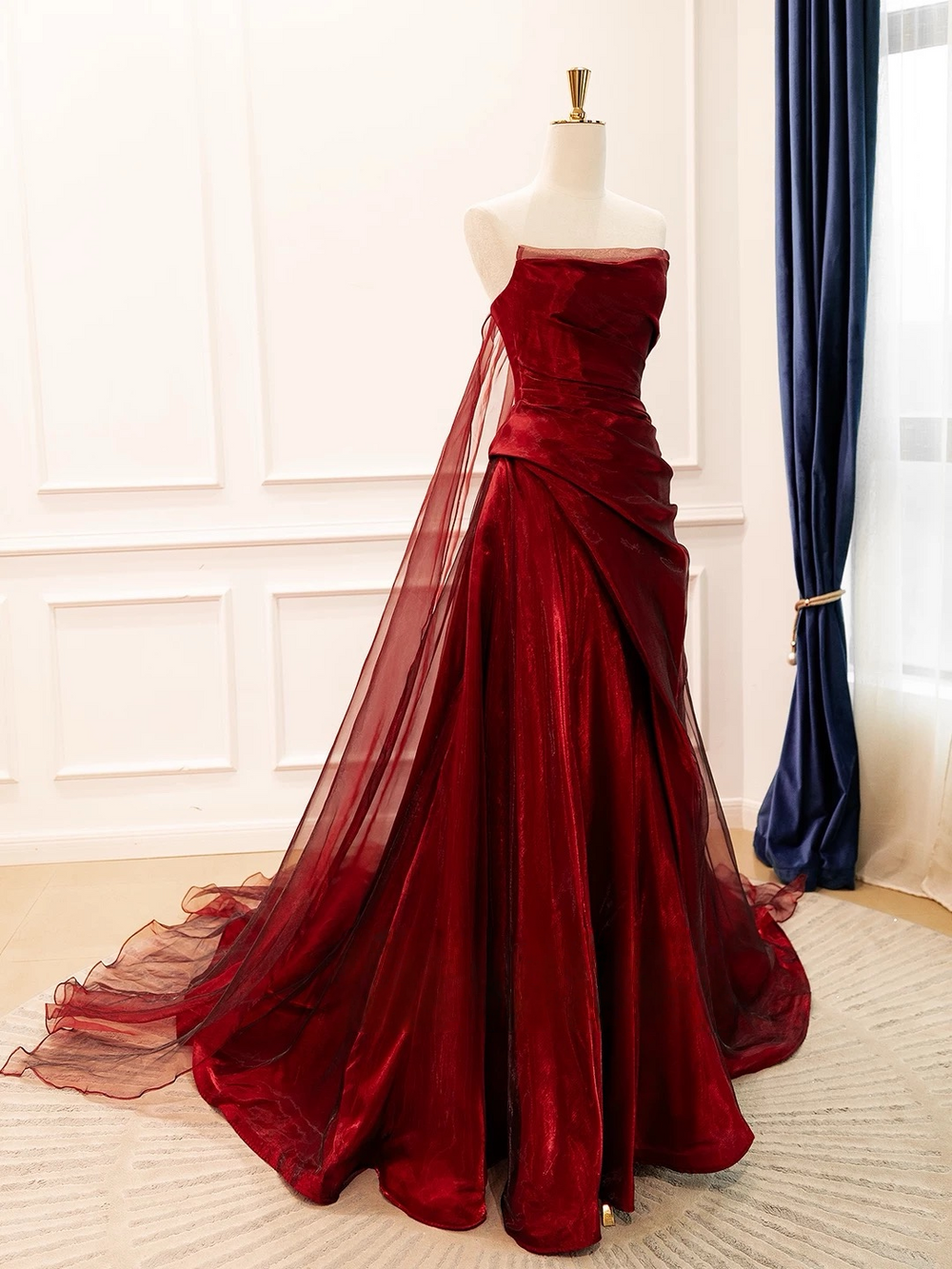 A-Line Organza Burgundy Long Prom Dress, Burgundy Long Evening Dress