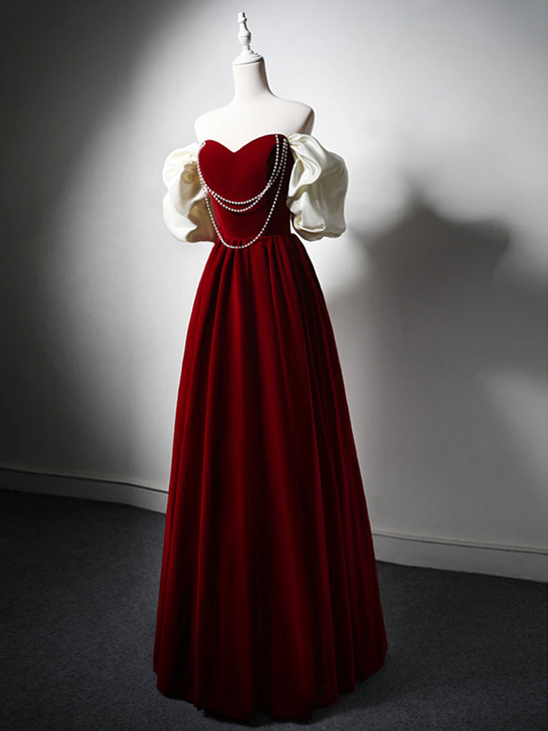 A-Line Velvet Burgundy Long Prom Dress, Burgundy Long Formal Dress shdress A-Line Velvet Burgundy Long Prom Dress, Burgundy Long Formal Dress shdress
