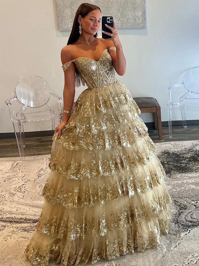 Gold A-Line Tulle Gold Sequin Long Prom Dress, Gold Long Evening Dress shdress Gold A-Line Tulle Gold Sequin Long Prom Dress, Gold Long Evening Dress shdress