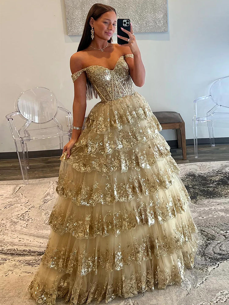 Gold A-Line Tulle Gold Sequin Long Prom Dress, Gold Long Evening Dress shdress Gold A-Line Tulle Gold Sequin Long Prom Dress, Gold Long Evening Dress shdress