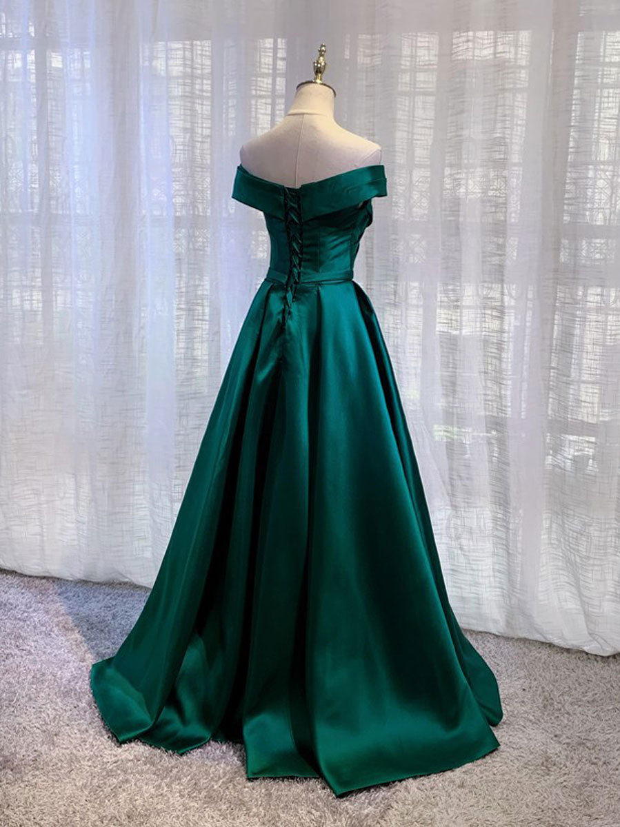 A-Line Off Shoulder Satin Green Long Prom Dress, Green Long Formal Dre shdress A-Line Off Shoulder Satin Green Long Prom Dress, Green Long Formal Dre shdress
