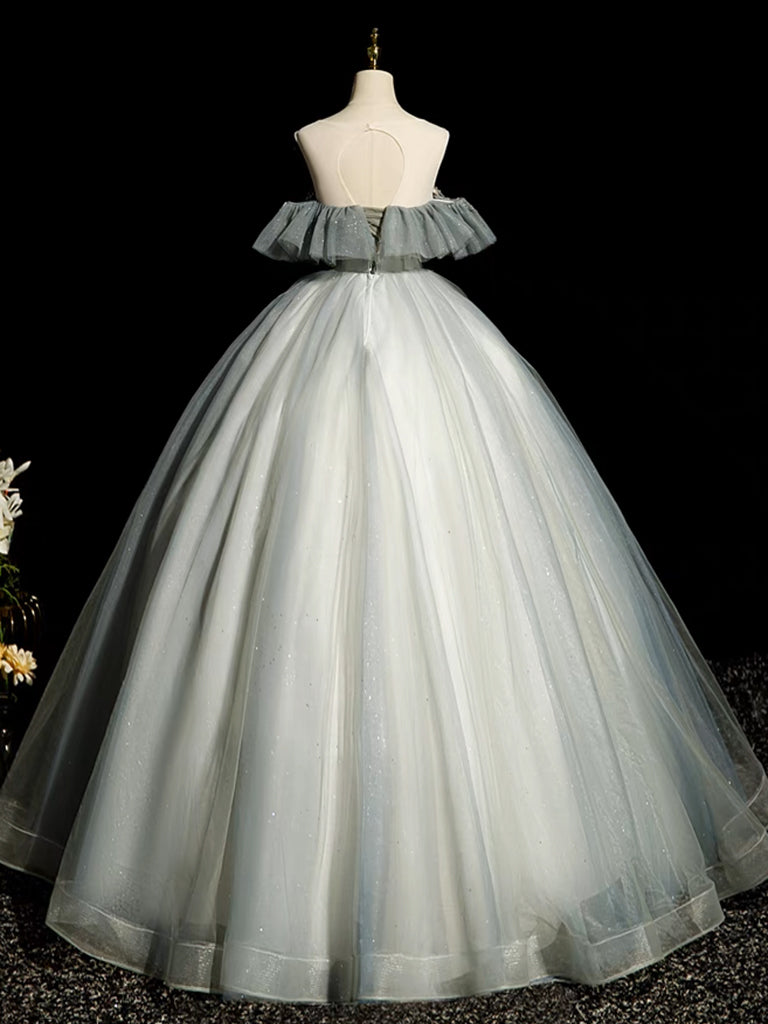 A-Line Round Neck Tulle Gray Blue Long Prom Dress, Tulle Sequin Lace L shdress A-Line Round Neck Tulle Gray Blue Long Prom Dress, Tulle Sequin Lace L shdress