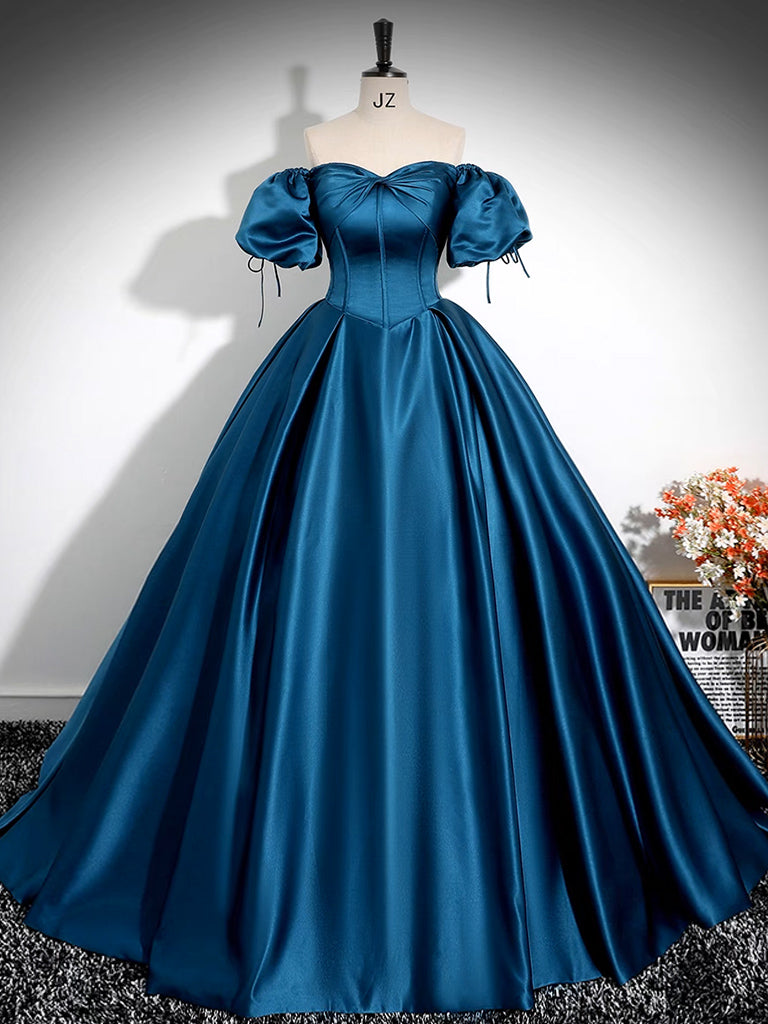 A-Line Puff Sleeves Satin Peacock Blue Long Prom Dress, Blue Long Form shdress A-Line Puff Sleeves Satin Peacock Blue Long Prom Dress, Blue Long Form shdress