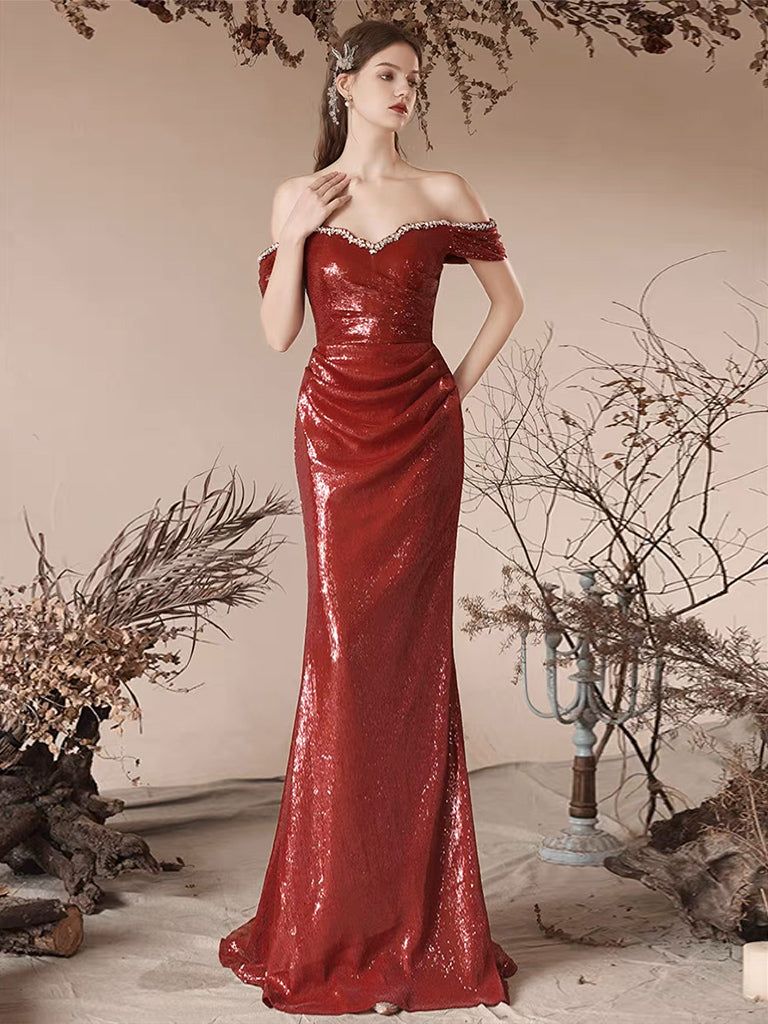 Simple Off Shoulder Sequin Mermaid Burgundy Long Prom Dress, Sequin Lo shdress Simple Off Shoulder Sequin Mermaid Burgundy Long Prom Dress, Sequin Lo shdress