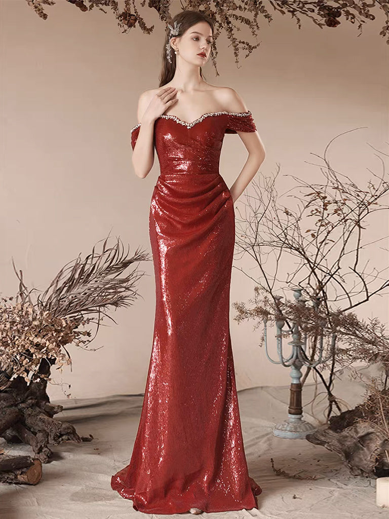 
                  
                    Simple Off Shoulder Sequin Mermaid Burgundy Long Prom Dress, Sequin Long Evening Dress
                  
                