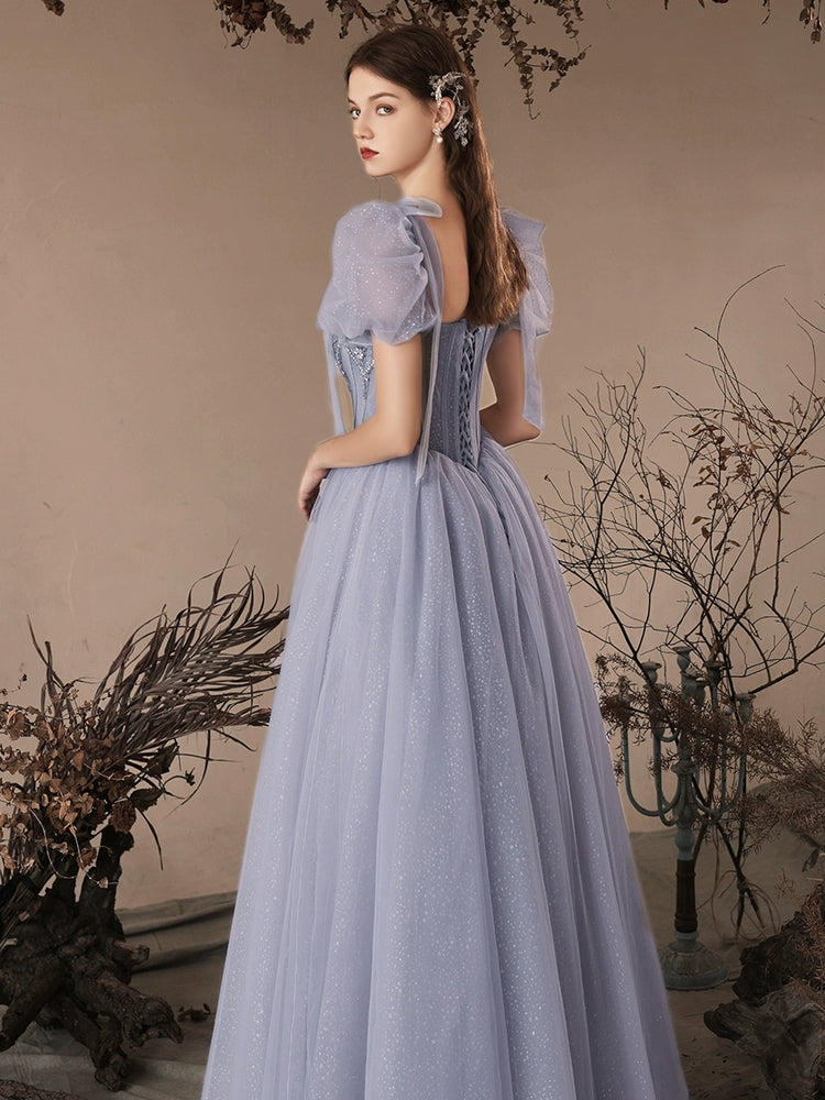 A-Line Gray Blue Long Prom Dress, Gray Blue Sequin Beads Long Formal Dress