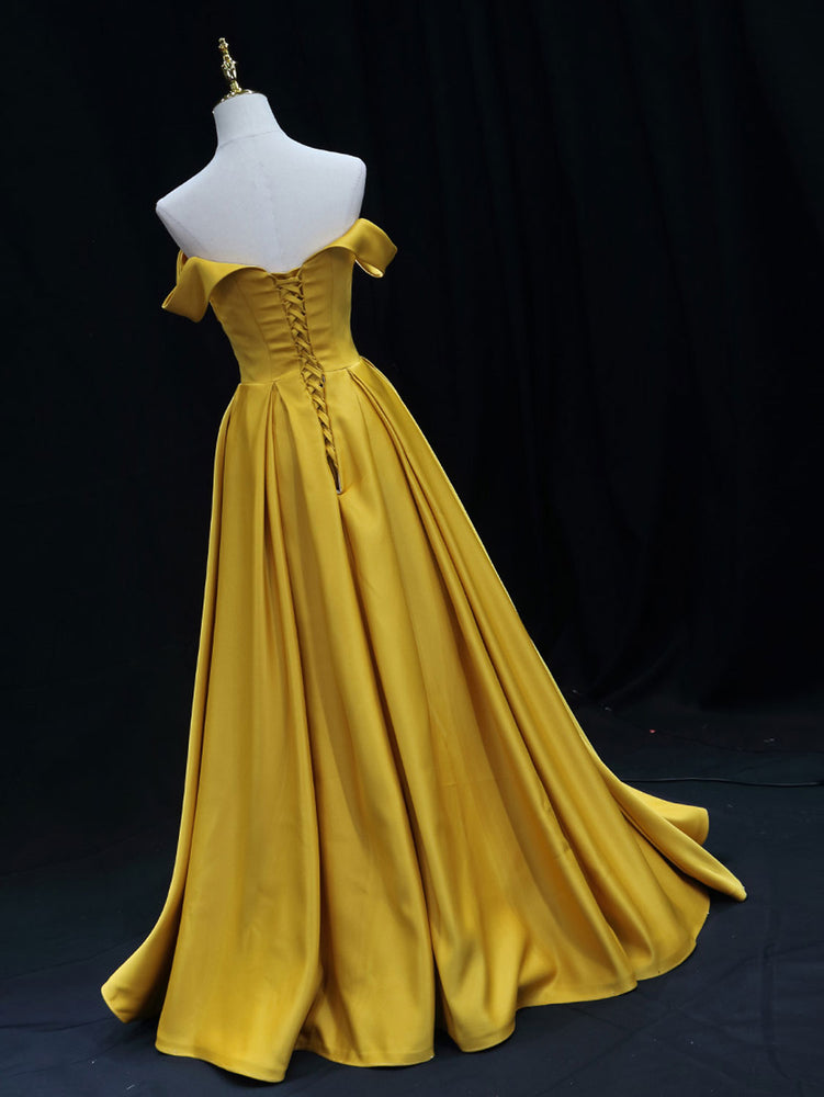 Simple Off Shoulder Satin Yellow Long Prom Dress, Yellow Long Formal Dress
