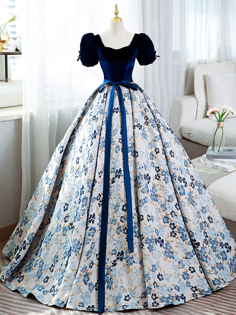 A-Line Puff Sleeves Velvet Satin Blue Long Prom Dress, Blue Long Eveni shdress A-Line Puff Sleeves Velvet Satin Blue Long Prom Dress, Blue Long Eveni shdress