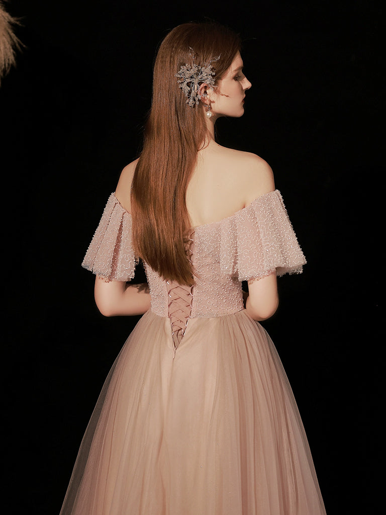 Pink Tulle A-Line Long Prom Dress, Pink Long Formal Dress