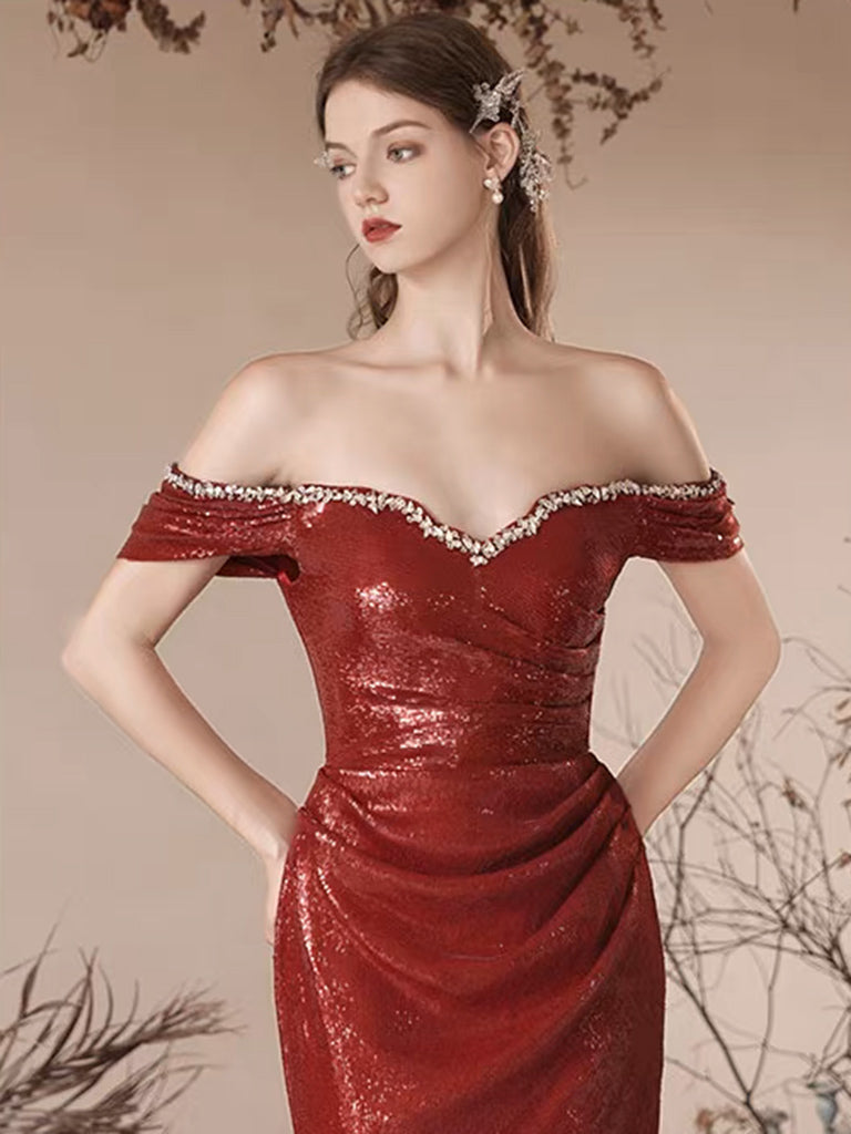 
                  
                    Simple Off Shoulder Sequin Mermaid Burgundy Long Prom Dress, Sequin Long Evening Dress
                  
                