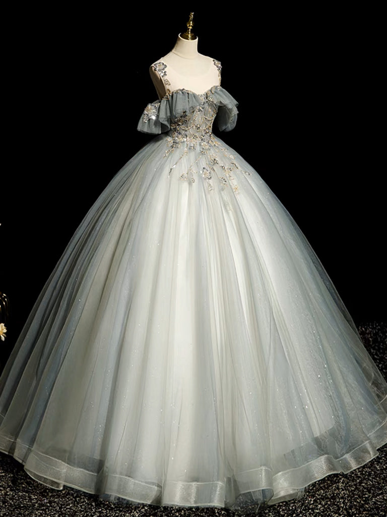 A-Line Round Neck Tulle Gray Blue Long Prom Dress, Tulle Sequin Lace L shdress A-Line Round Neck Tulle Gray Blue Long Prom Dress, Tulle Sequin Lace L shdress
