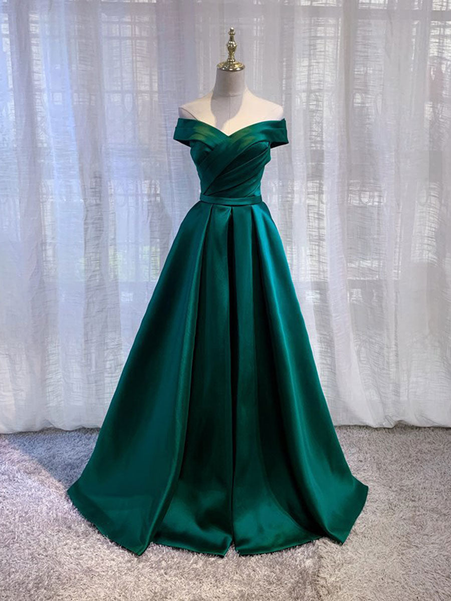 A-Line Off Shoulder Satin Green Long Prom Dress, Green Long Formal Dre