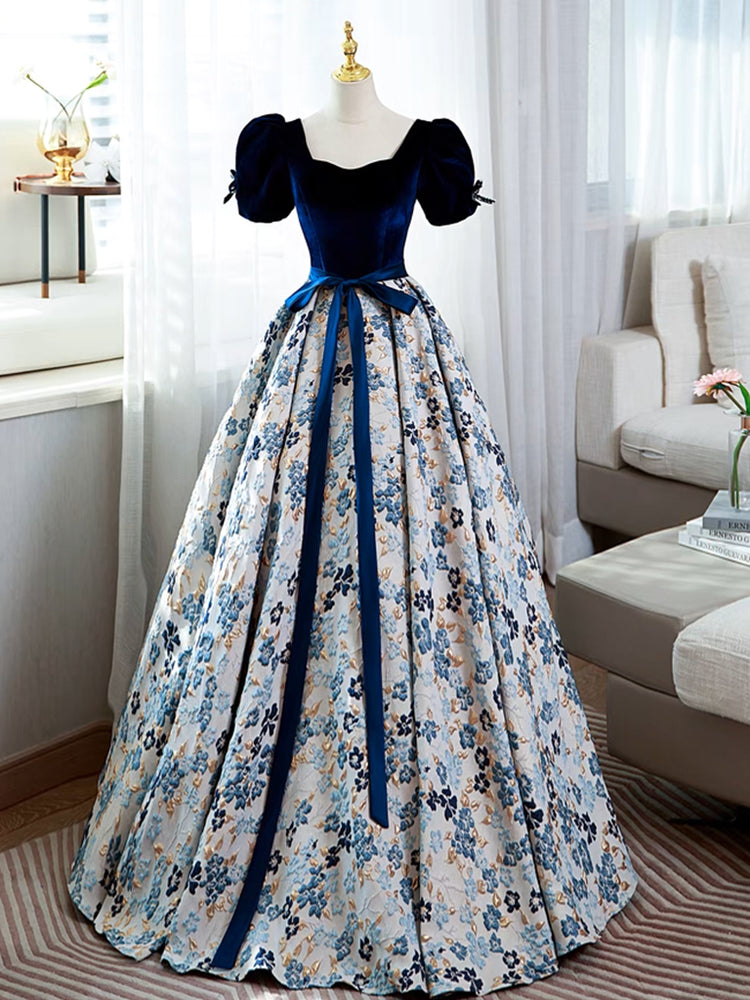 A-Line Puff Sleeves Velvet Satin Blue Long Prom Dress, Blue Long Eveni – shdress