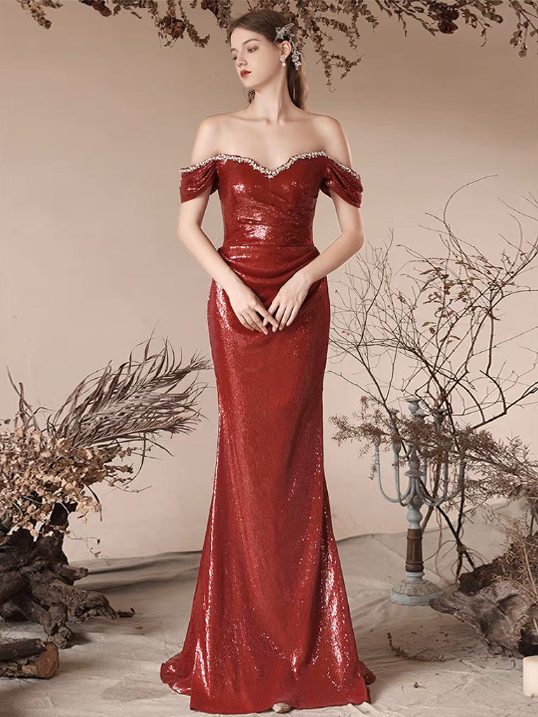 Simple Off Shoulder Sequin Mermaid Burgundy Long Prom Dress, Sequin Lo shdress Simple Off Shoulder Sequin Mermaid Burgundy Long Prom Dress, Sequin Lo shdress