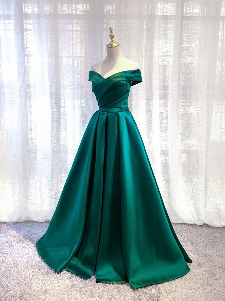 A-Line Off Shoulder Satin Green Long Prom Dress, Green Long Formal Dre shdress A-Line Off Shoulder Satin Green Long Prom Dress, Green Long Formal Dre shdress