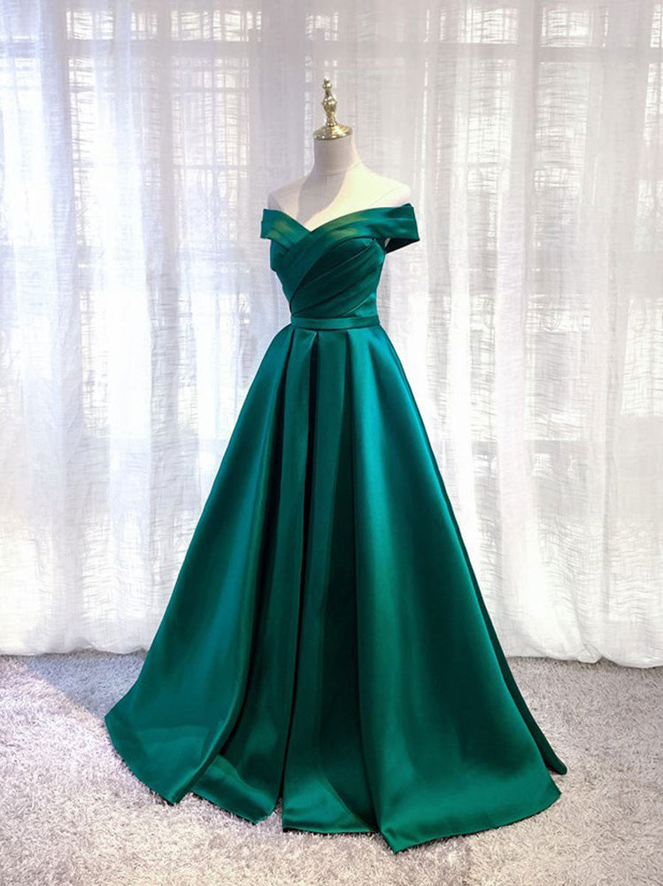 off the shoulder green prom dress A-Line Off Shoulder Satin Green Long Prom Dress, Green Long Formal Dre – shdress