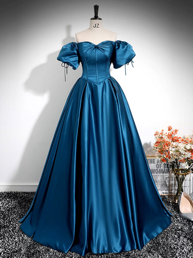 A-Line Puff Sleeves Satin Peacock Blue Long Prom Dress, Blue Long Form shdress A-Line Puff Sleeves Satin Peacock Blue Long Prom Dress, Blue Long Form shdress