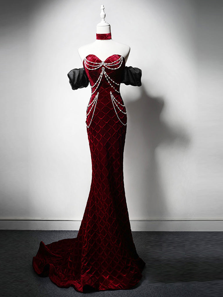 Sexy Mermaid Long Sleeves Burgundy Velvet Prom Dresses C42