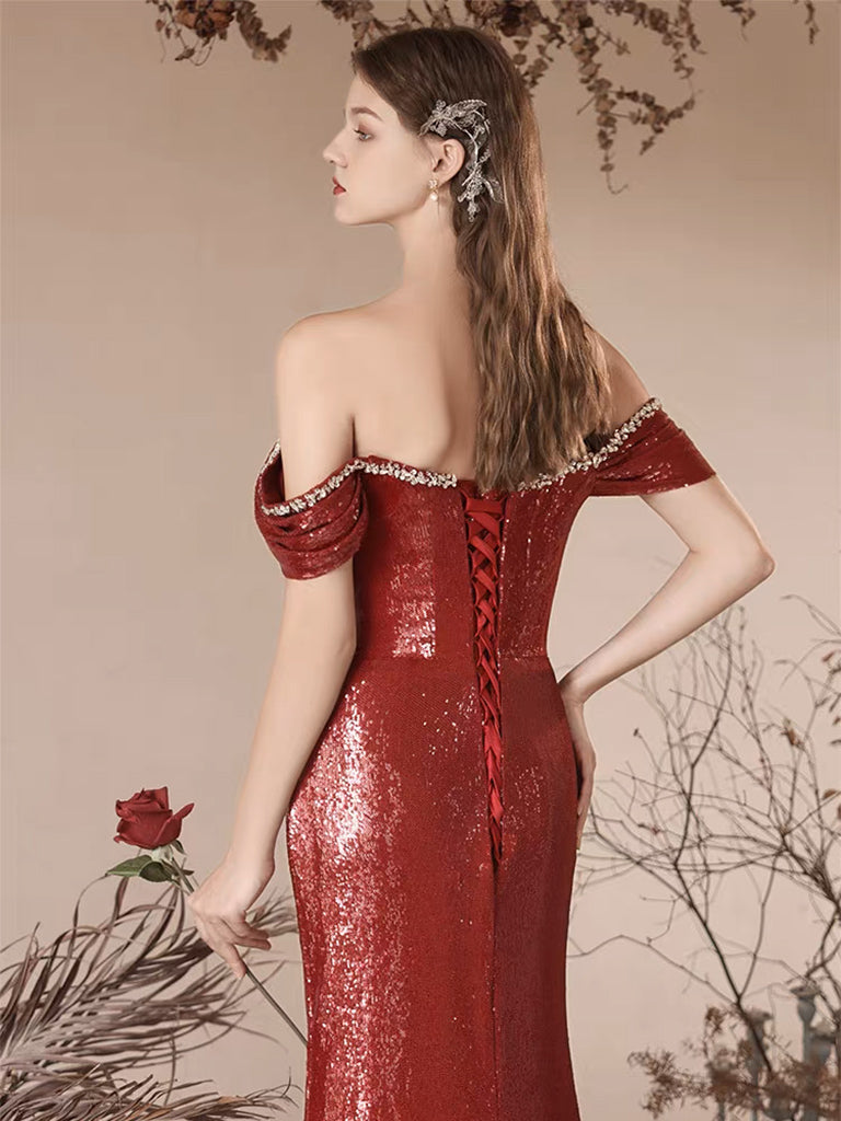 Simple Off Shoulder Sequin Mermaid Burgundy Long Prom Dress, Sequin Long Evening Dress