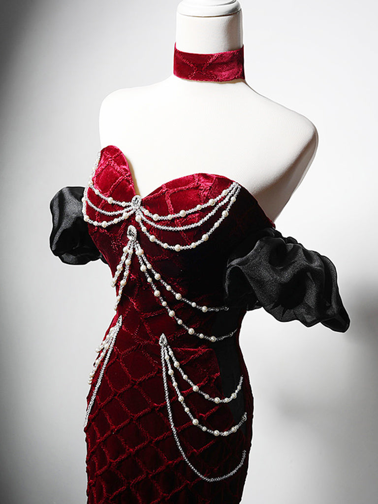 Sexy Mermaid Off The Shoulder Short Sleeves Burgundy Long Prom Dresses Party Dress main image 0