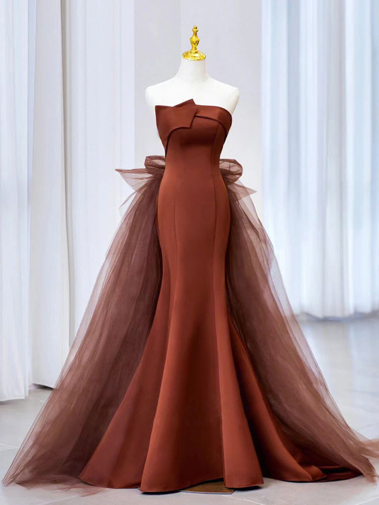 Brown Mermaid Satin Tulle Long Prom Dress, Brown Long Evening Dress shdress Brown Mermaid Satin Tulle Long Prom Dress, Brown Long Evening Dress shdress